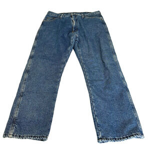 Wrangler Rugged Wear Work Jeans Men's 38x32 Red Fleece Flannel Lined Blue Denim